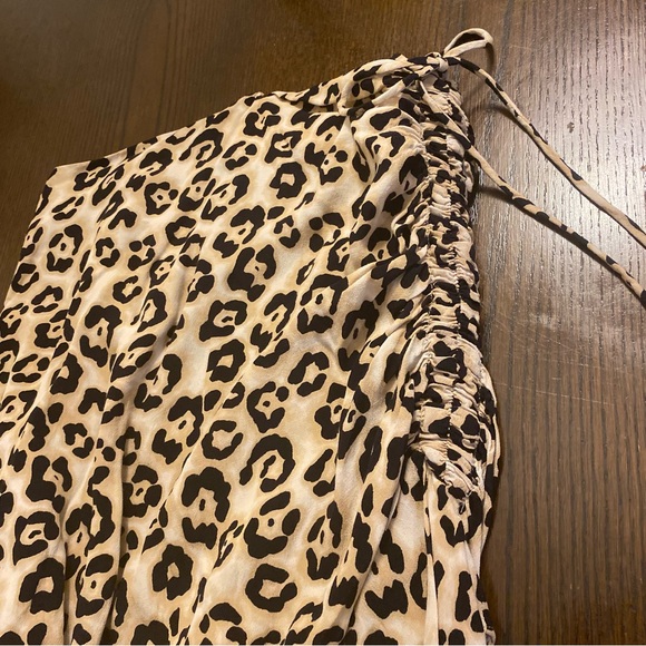 Tan Black Leopard Animal Print Asymmetrical Drawstring Skirt Size Small - Picture 3 of 5